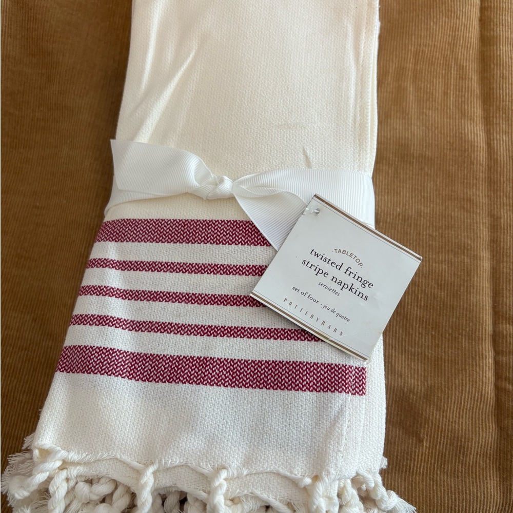NWT New Pottery Barn Twisted Fringe Stripe Napkins - White with Burgundy Stripes